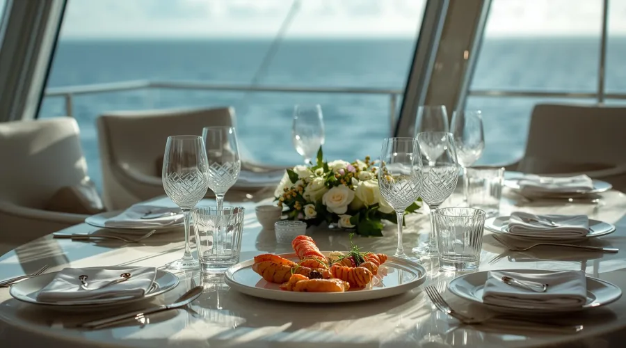 Mesa elegante en un yate frente al mar preparada para un evento corporativo en Barcelona