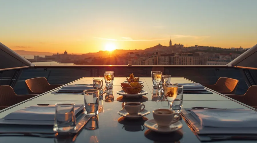 Mesa preparada para evento corporativo en yate al atardecer con vistas al skyline de Barcelona