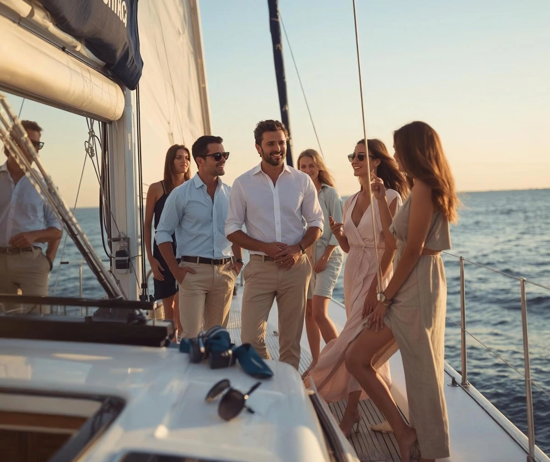 Grupo de personas disfrutando de una salida en velero de lujo navegando cerca de la ciudad al atardecer