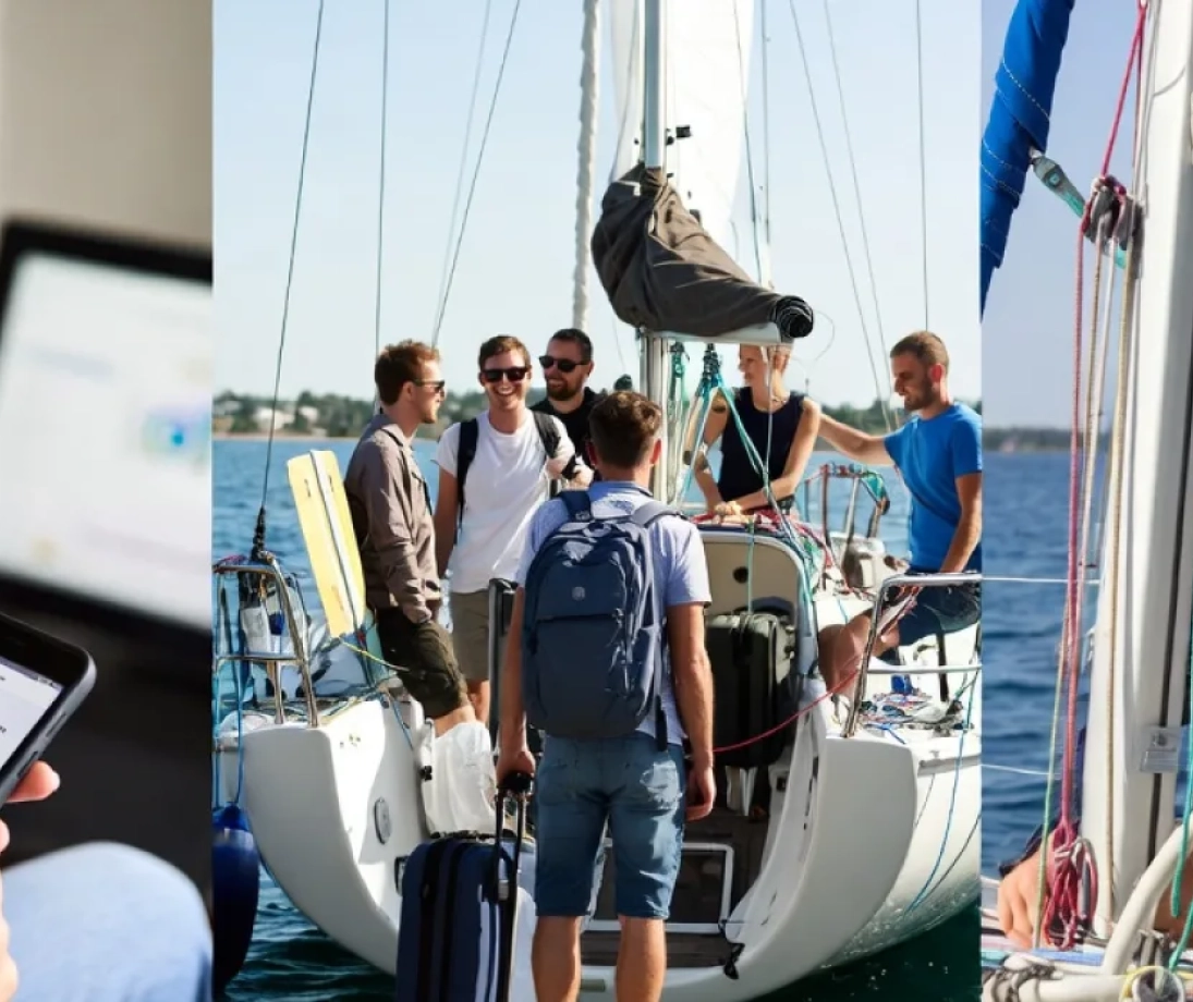 Gruppe von Personen, die einen Ausflug auf einer luxuriösen Segelyacht genießt und bei Sonnenuntergang in der Nähe der Stadt segelt