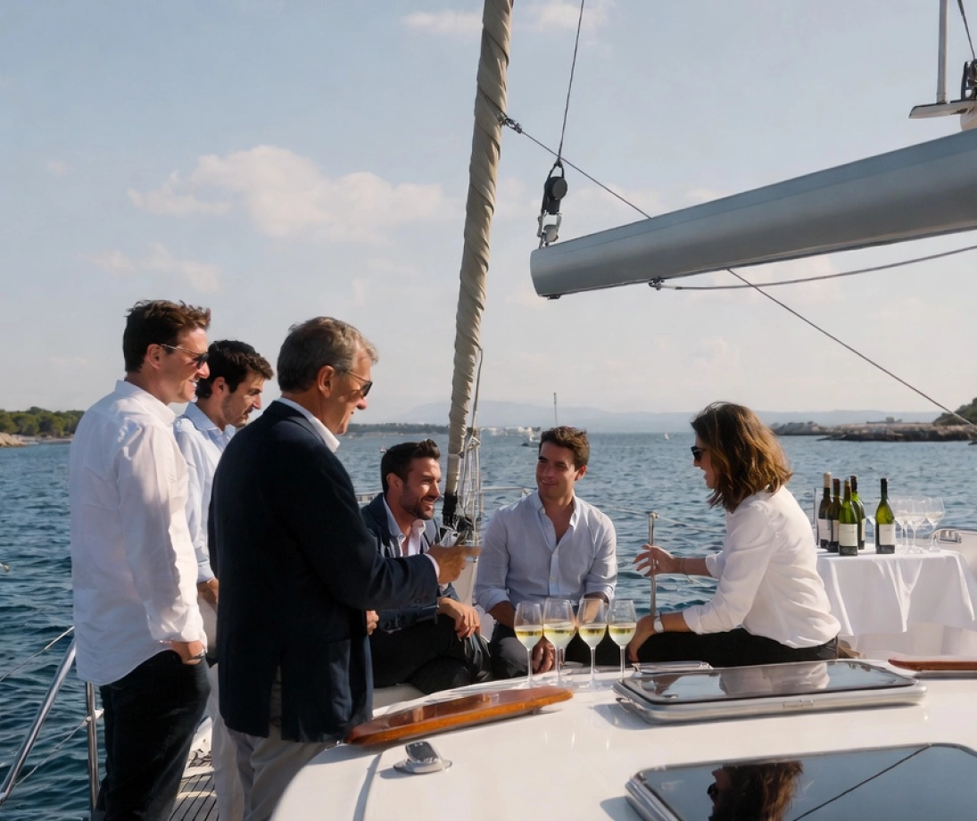 Group of people enjoying a luxury sailing trip near the city at sunset