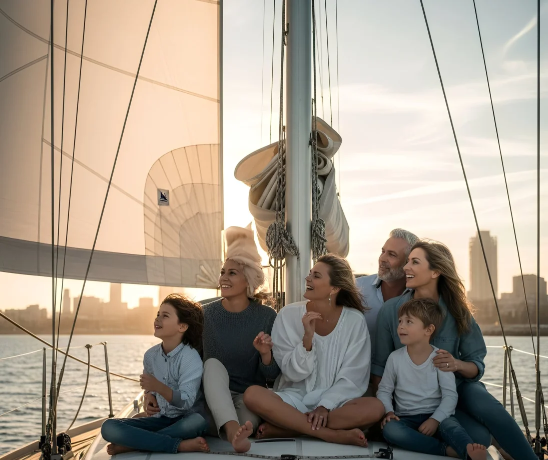 Three people talking casually on a luxury sailboat in front of the Barcelona skyline at sunset