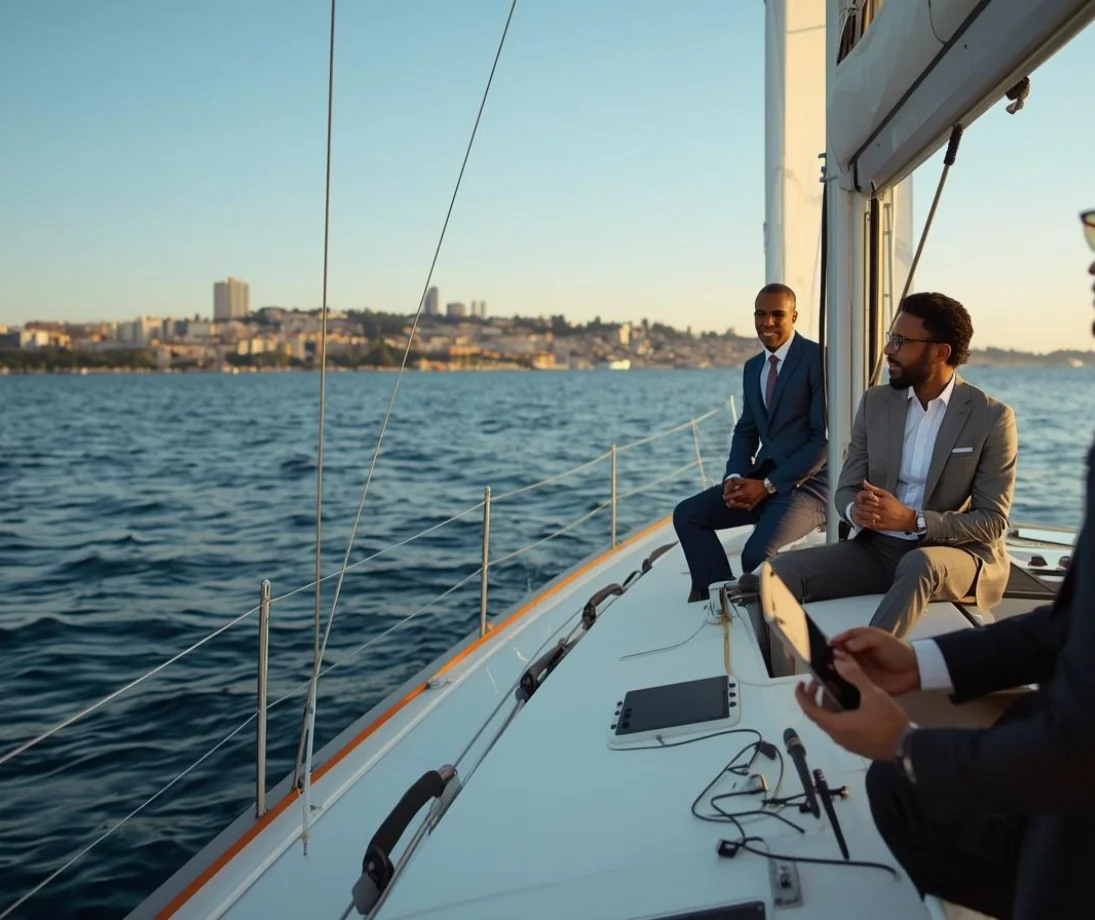 Tres personas hablando relajadas en un velero de lujo frente al skyline de Barcelona al atardecer
