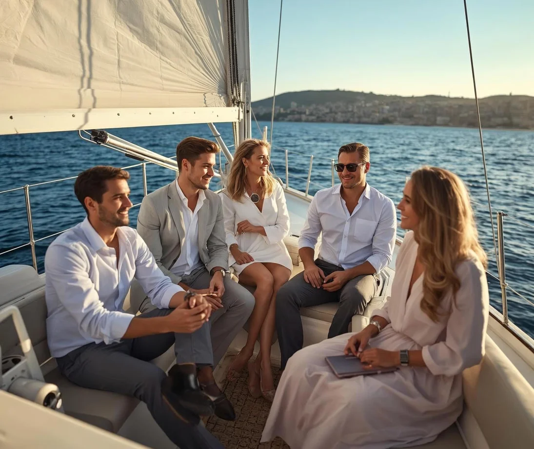 Drei entspannt plaudernde Personen auf einer Luxussegelyacht vor der Skyline von Barcelona bei Sonnenuntergang