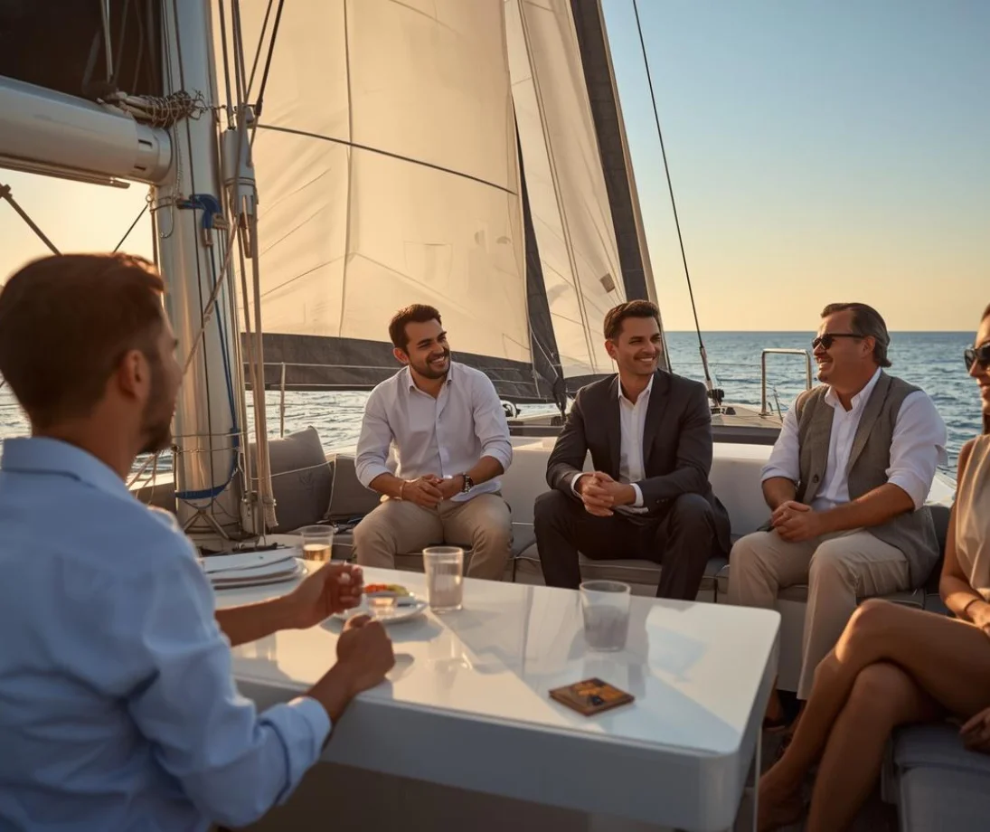Tre persone che parlano rilassate su uno yacht di lusso di fronte allo skyline di Barcellona al tramonto