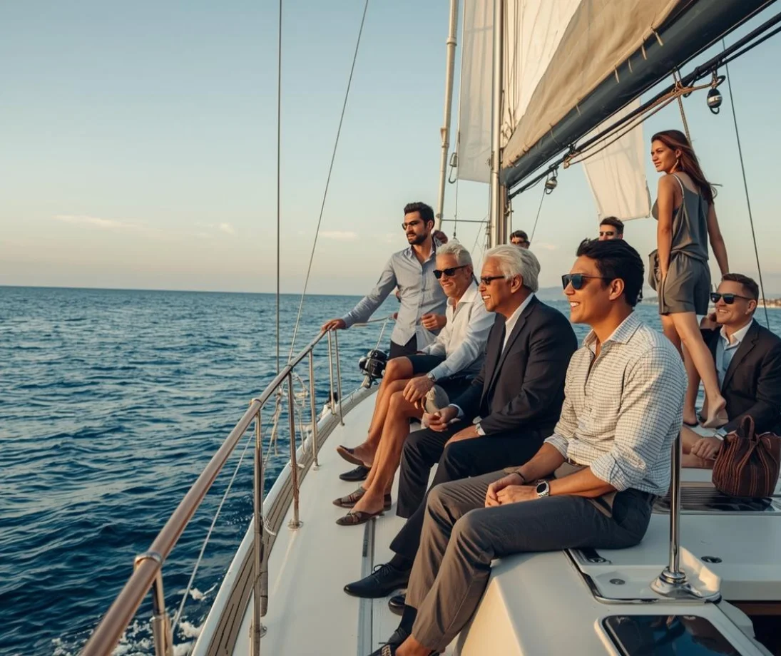 Tres personas hablando relajadas en un velero de lujo frente al skyline de Barcelona al atardecer