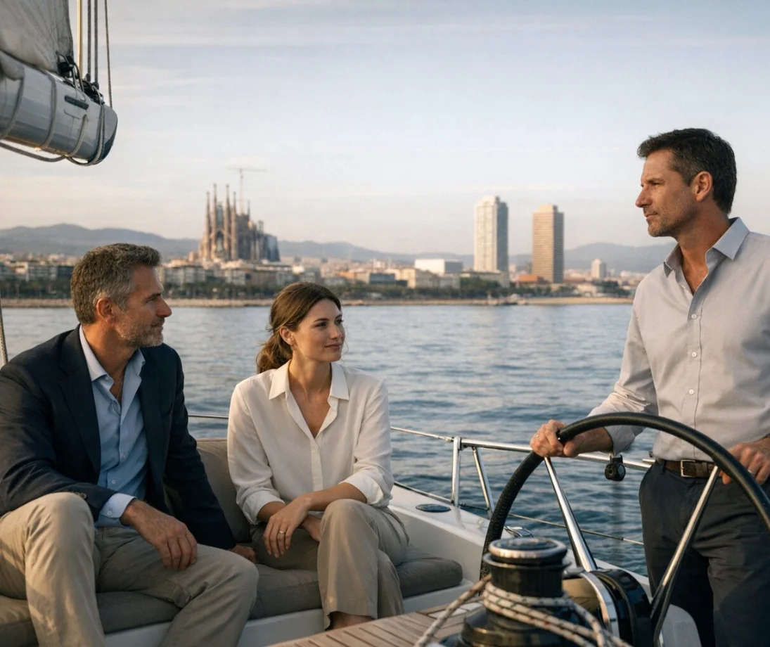 Three people talking casually on a luxury sailboat in front of the Barcelona skyline at sunset