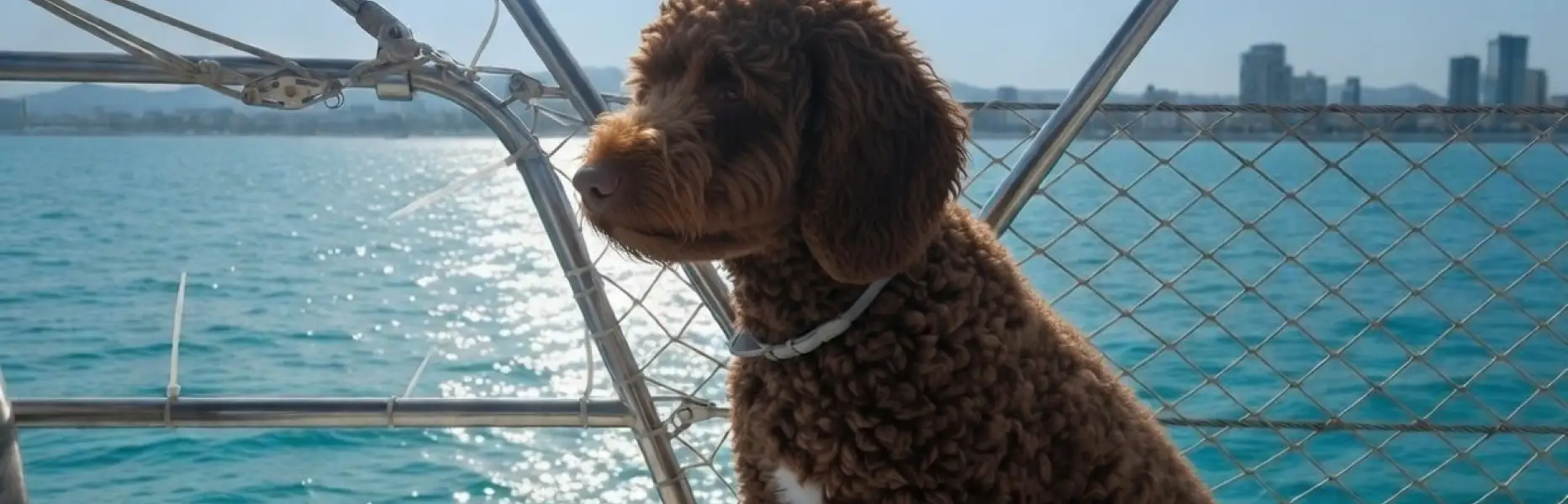 Hund, der auf einer Segelyacht sitzt, die an der Skyline von Barcelona an einem sonnigen Tag vorbeisegelt