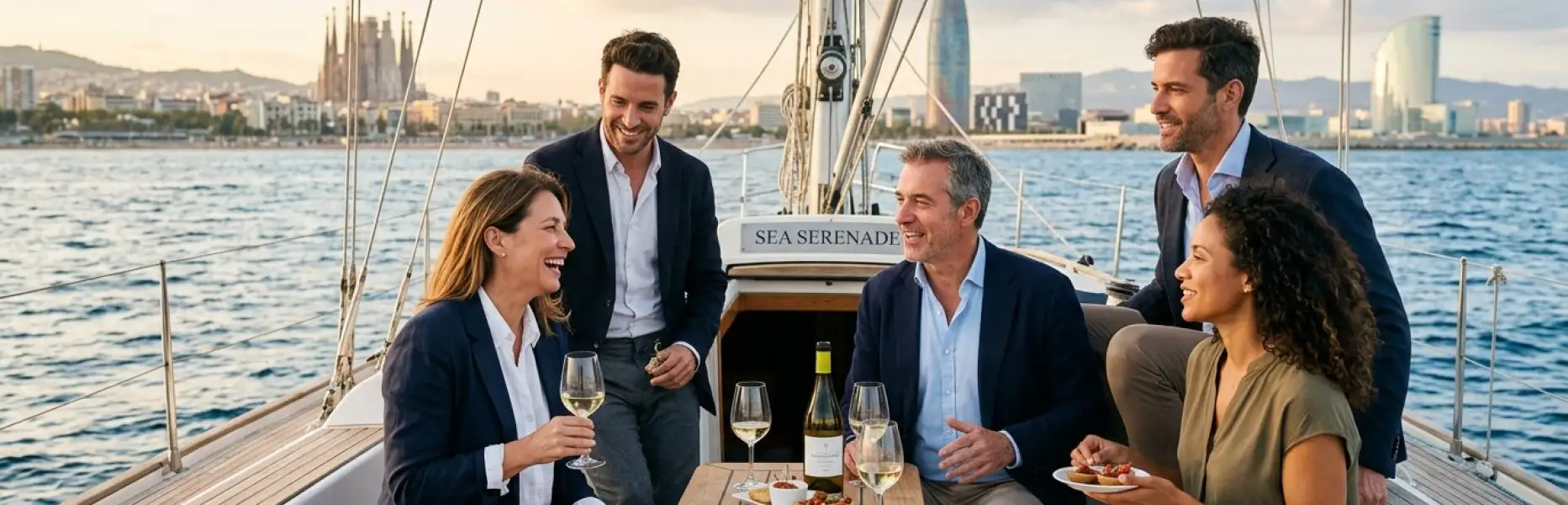 Groupe de professionnels profitant d'un afterwork en voilier avec vue sur Barcelone au coucher du soleil