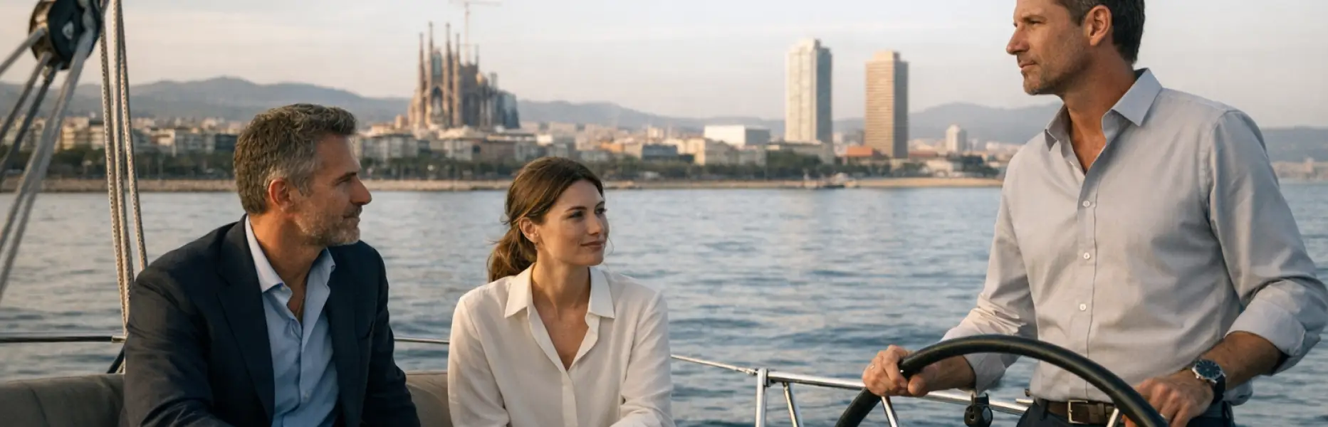 Three people on a luxury charter sailing in front of Barcelona’s skyline at sunset