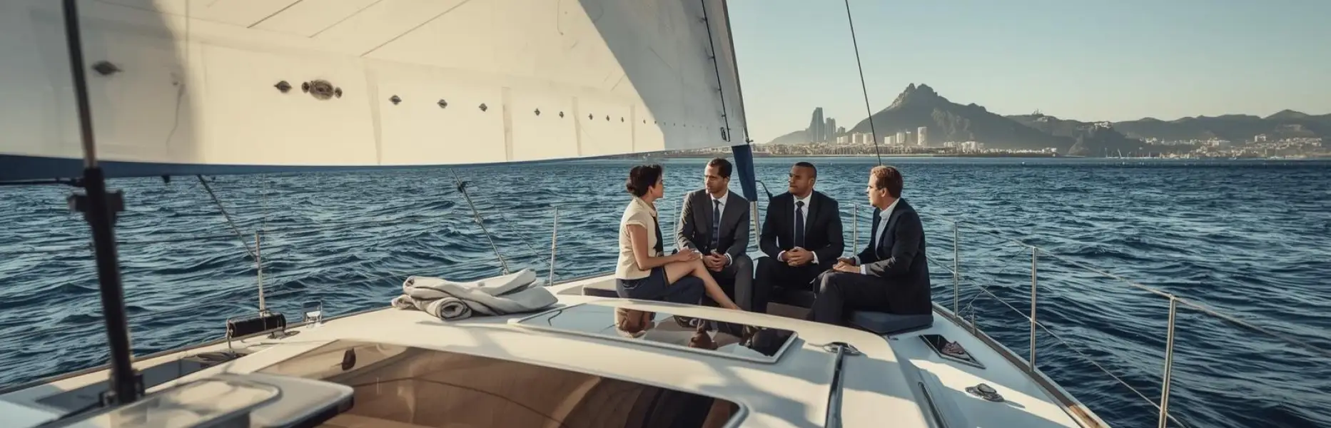 Grupo de ejecutivos reunidos en la cubierta de un yate de lujo navegando frente a la costa de una gran ciudad