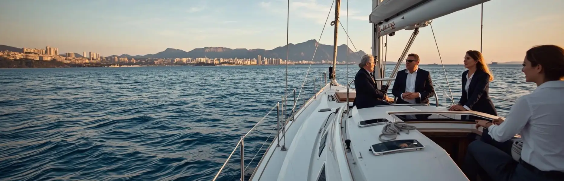 Group of executives talking on the deck of a luxury yacht during a sunset cruise off the city