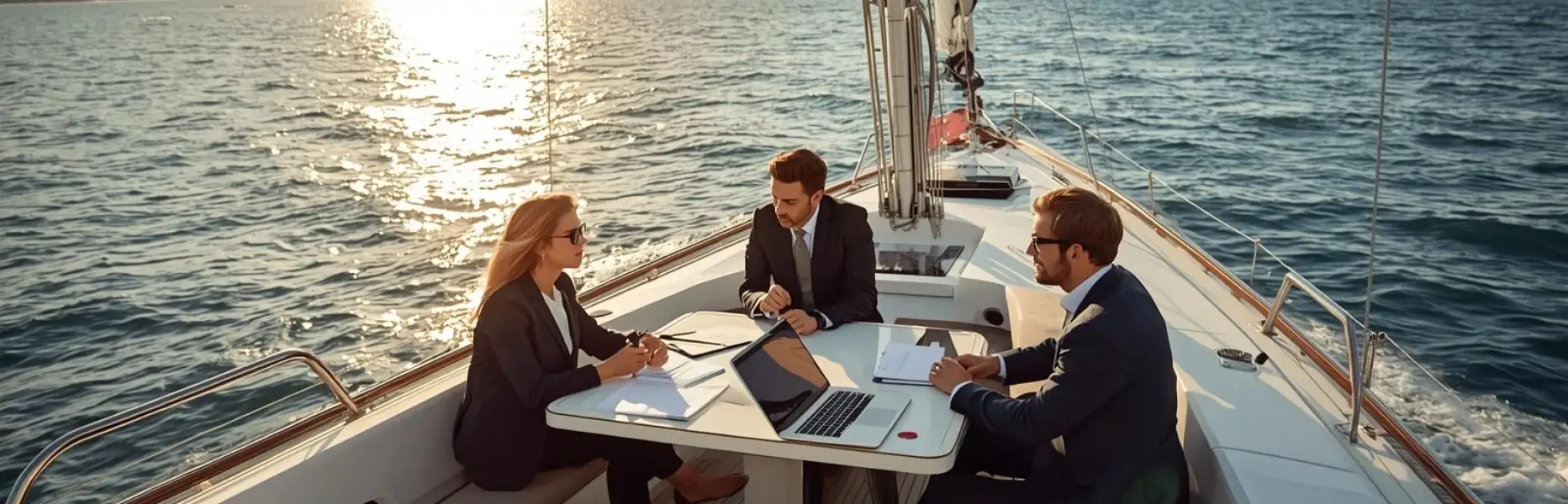 Cadres en costume travaillant sur des ordinateurs portables lors d’une réunion d’affaires à bord d’un yacht de luxe au coucher du soleil
