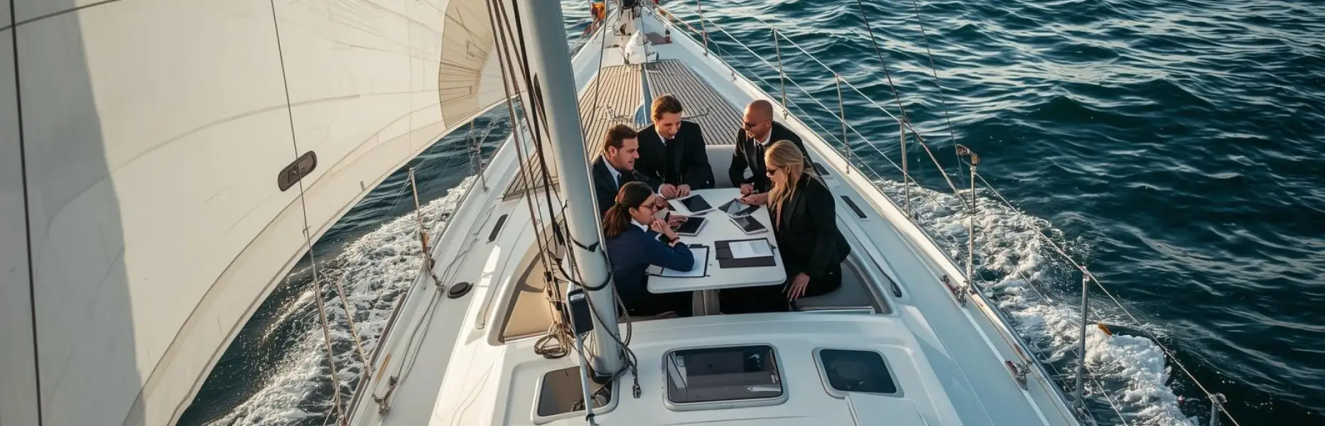 Grupo de profesionales reunidos alrededor de una mesa en la cubierta de un velero de charter navegando en alta mar
