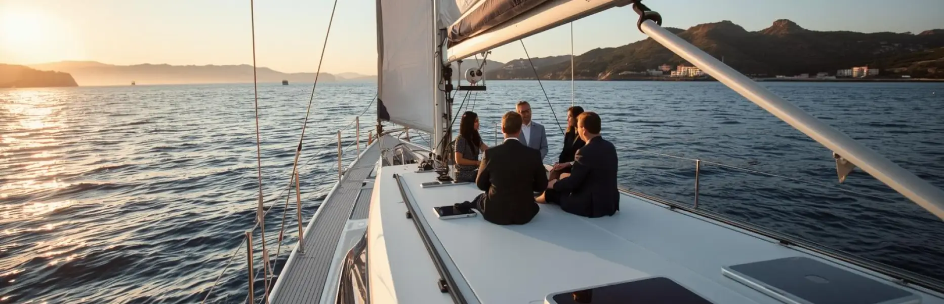 Gruppe von Führungskräften in einer Besprechung auf dem Deck einer gecharterten Yacht, die bei Sonnenuntergang segelt