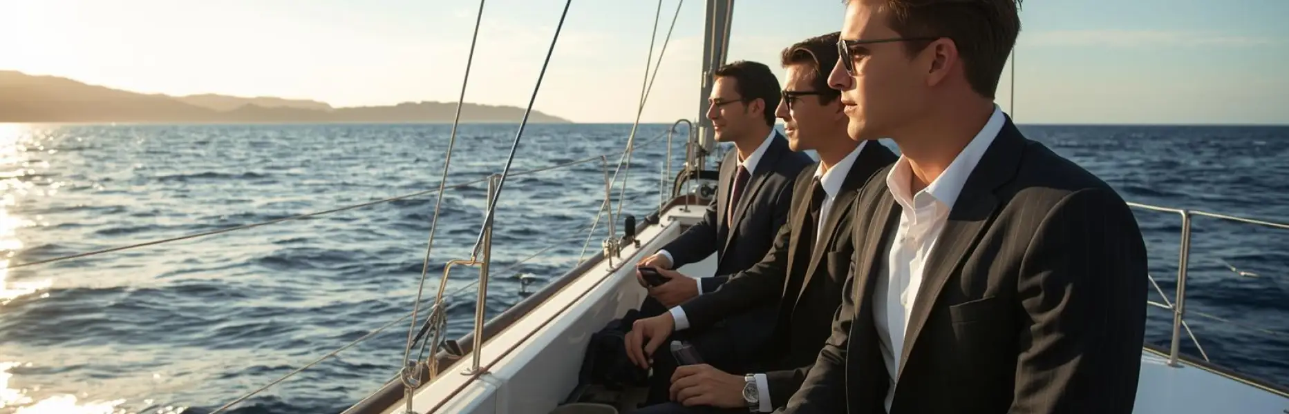 Tres executius amb vestits formals asseguts a la coberta d’un veler que navega en un xàrter de luxe al capvespre