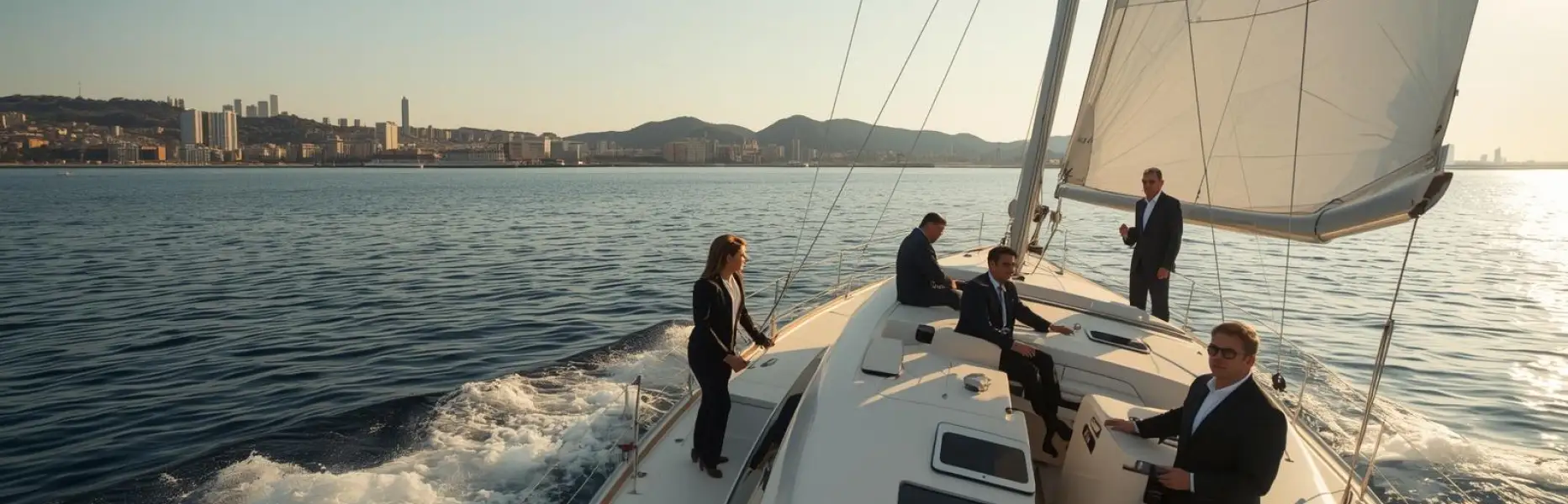 Executives sailing on a luxury yacht during a business meeting at sunset near the coast
