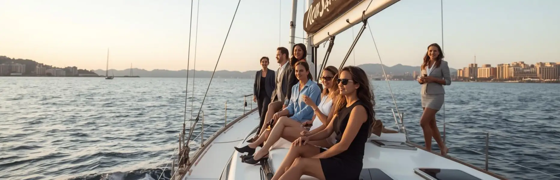 Grupo de amigos disfrutando de un charter en yate de lujo al atardecer en alta mar