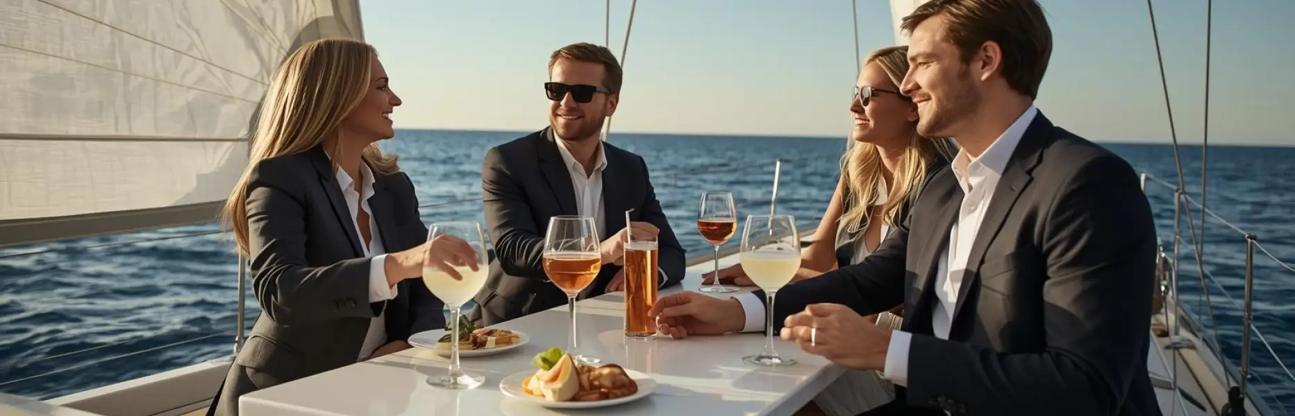 Four executives toast and talk at the table of a luxury yacht sailing at sunset