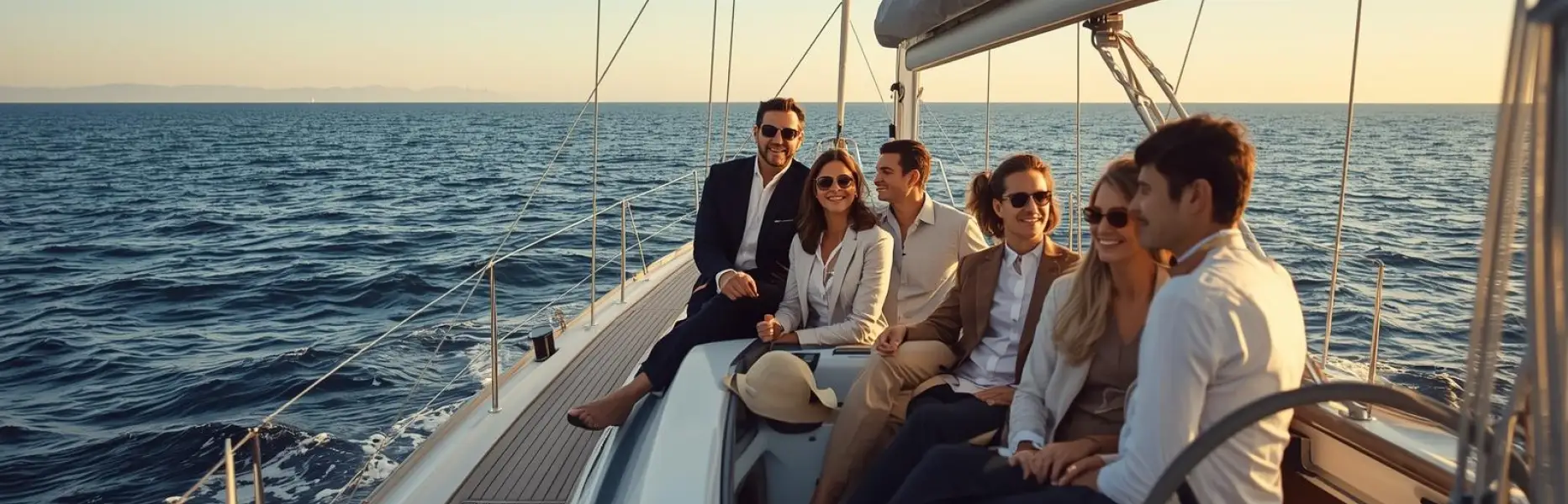 Group of friends enjoying a luxury sailing yacht charter at sunset on a calm sea
