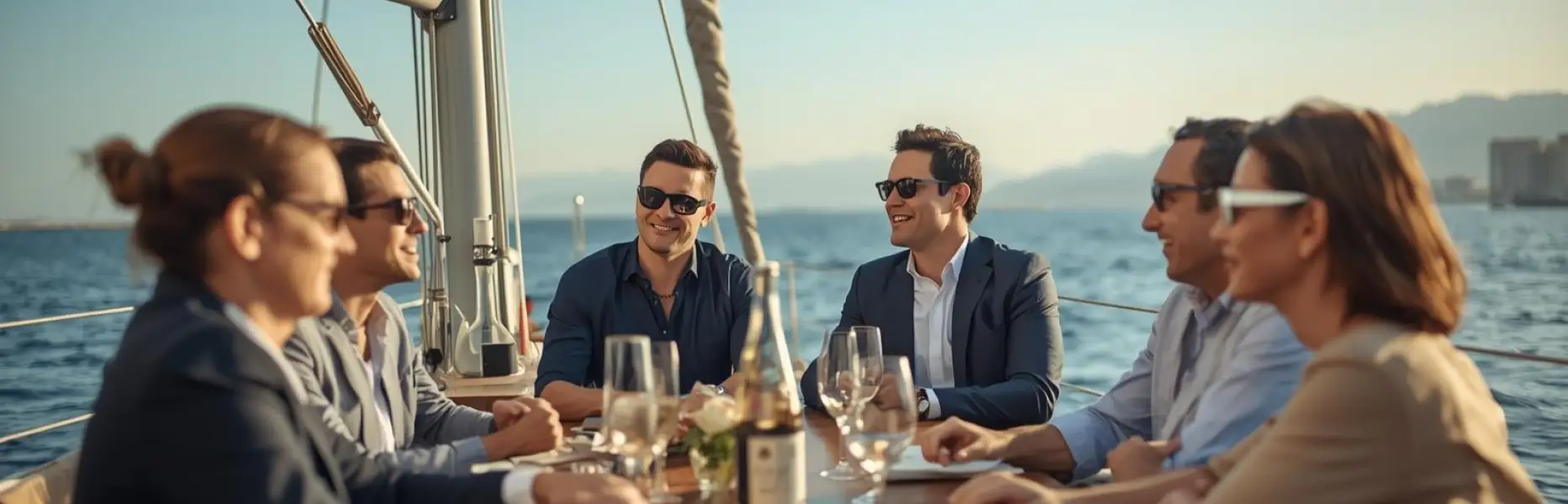 Gruppo di professionisti riuniti al tavolo di uno yacht di lusso al tramonto, che brindano e conversano di affari in alto ma