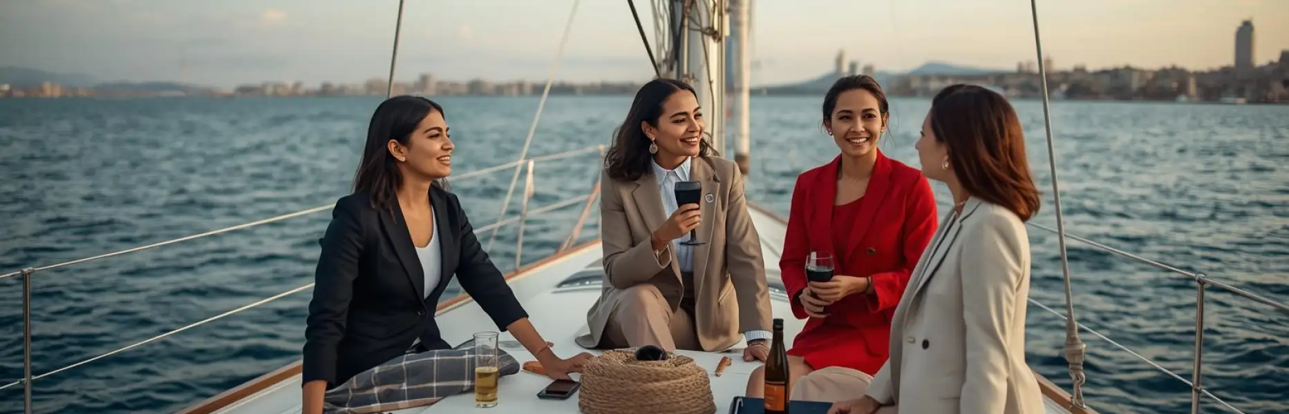 Grupo de mujeres profesionales conversando y brindando en la cubierta de un velero con la ciudad al fondo