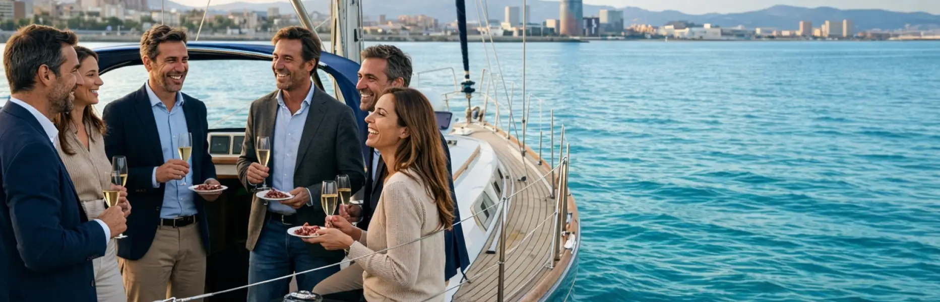 Gruppo di amici che brindano con cava su un lussuoso veliero di fronte al mare e allo skyline di Barcellona