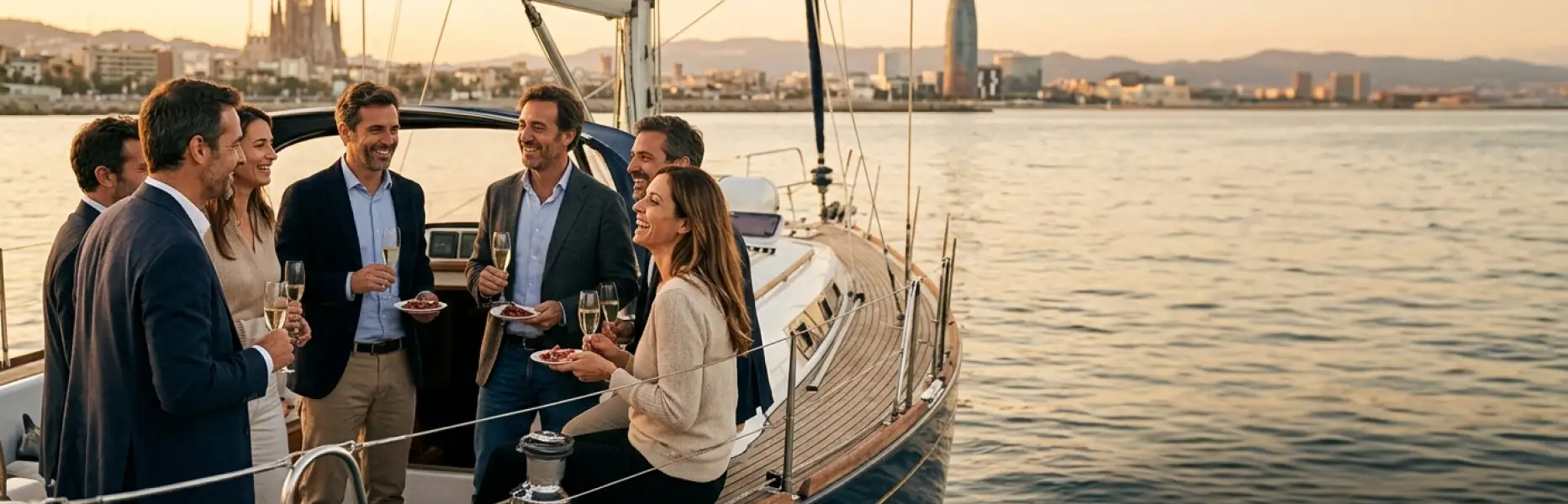 Freundesgruppe genießt einen luxuriösen Charter bei Sonnenuntergang vor der Skyline von Barcelona