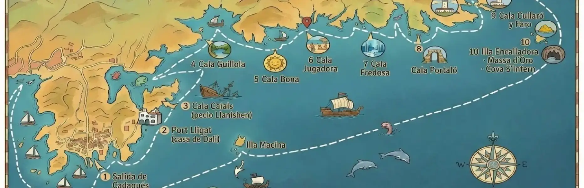 Mappa illustrata di un percorso in barca da Cadaqués con cale e punti di interesse segnati lungo la costa