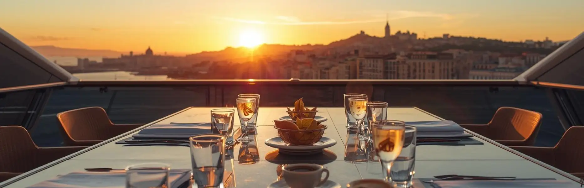 Table élégante dressée au coucher du soleil sur un yacht de charter avec vue sur la ville et la mer