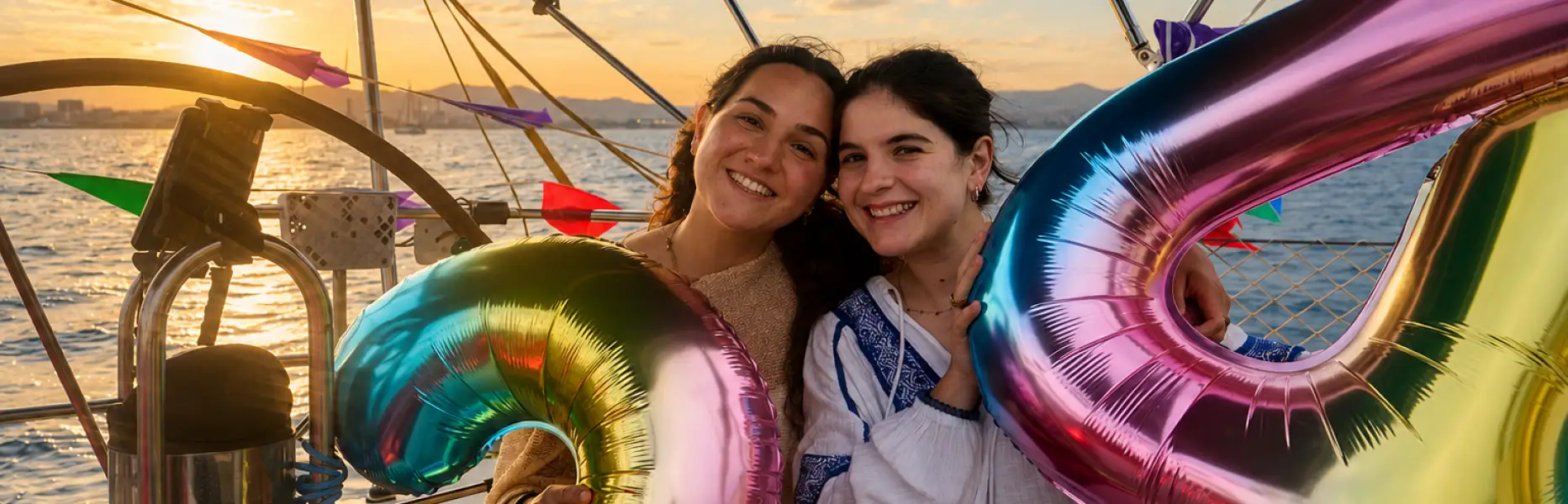 Due ragazze che festeggiano il compleanno su una barca a vela privata a Barcellona al tramonto con palloncini a forma di numeri