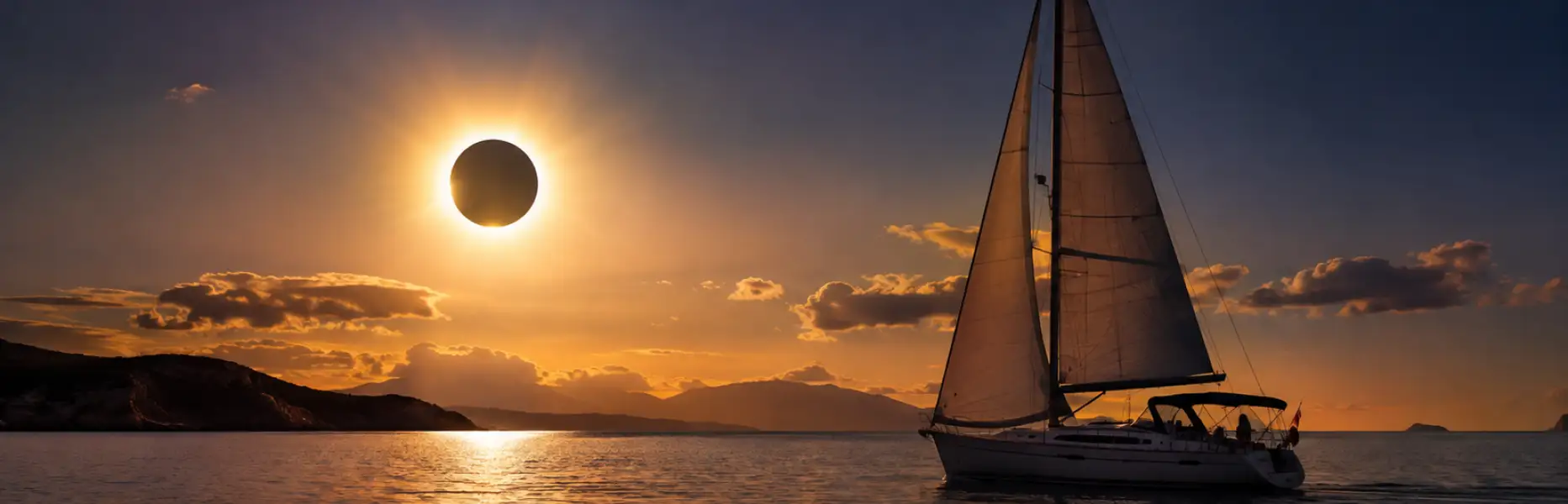 Veler al capvespre navegant cap a un eclipsi total de Sol sobre el mar Mediterrani