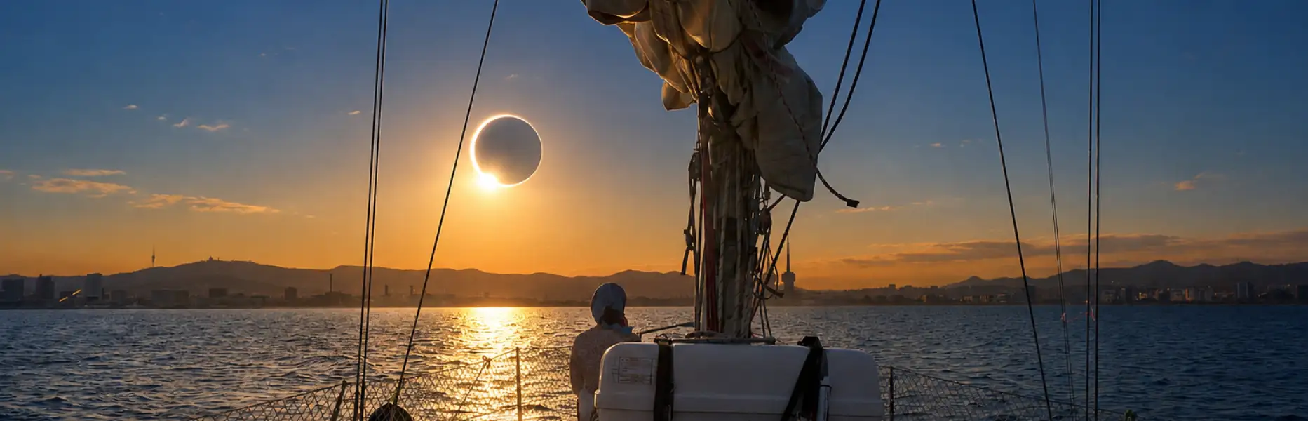 Persona en la proa de un velero observando un eclipse de Sol al atardecer frente a la costa de Barcelona