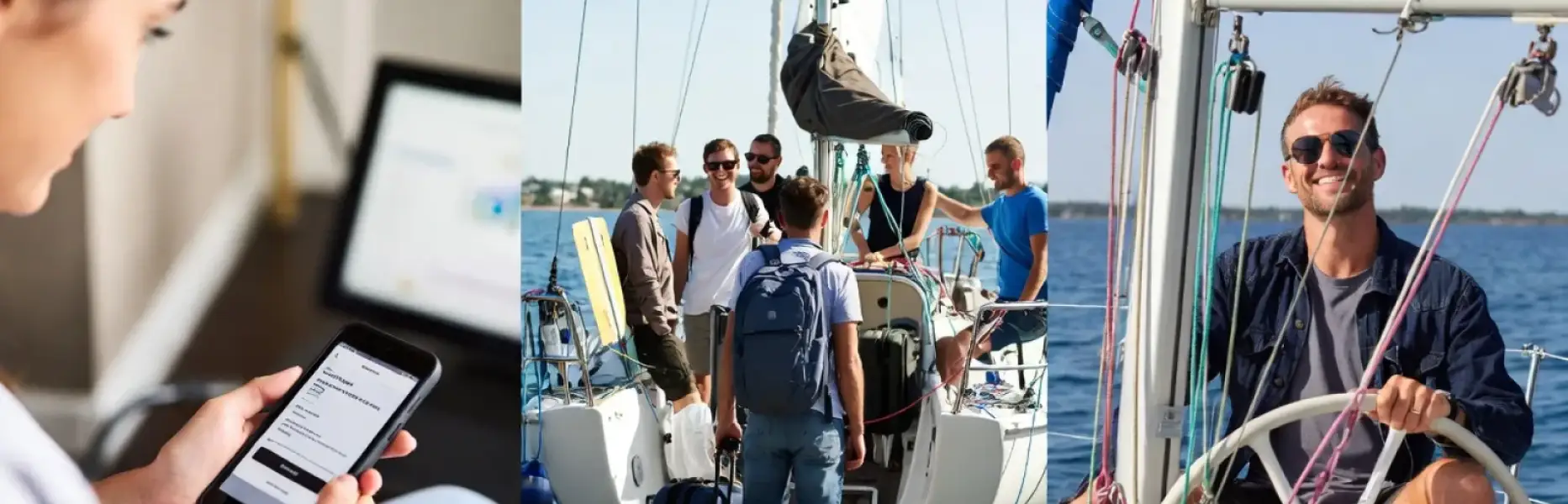 Grupo de amigos embarcando en un velero de alquiler mientras reservan cómodamente su charter náutico desde el móvil