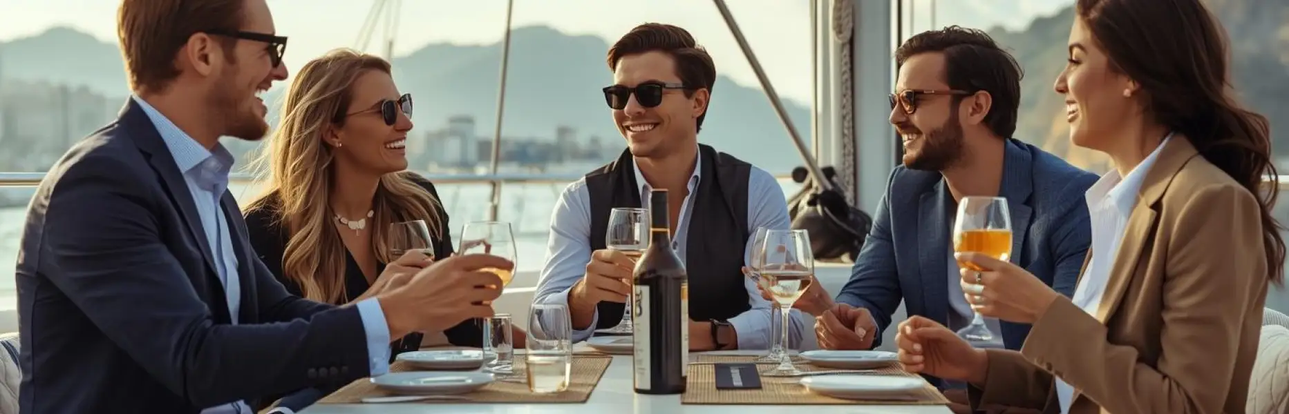 Groupe d'amis élégamment vêtus trinquant et souriant à table sur un bateau de location au coucher du soleil