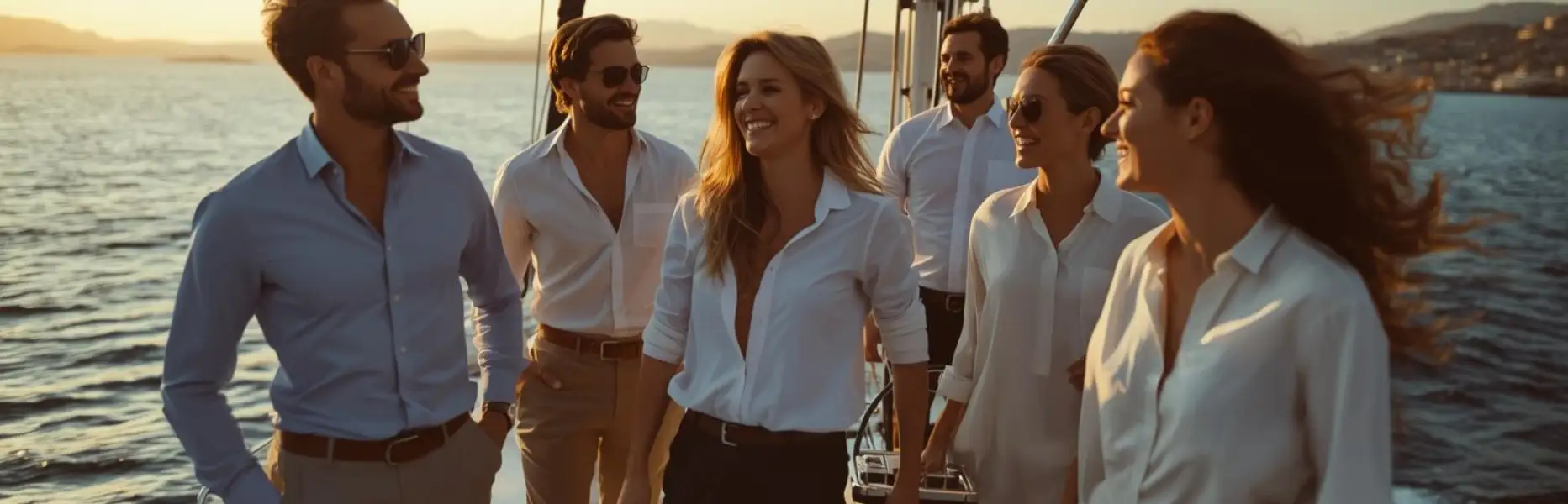 Groupe d'amis élégants profitant d'une croisière en voilier au coucher du soleil en mer