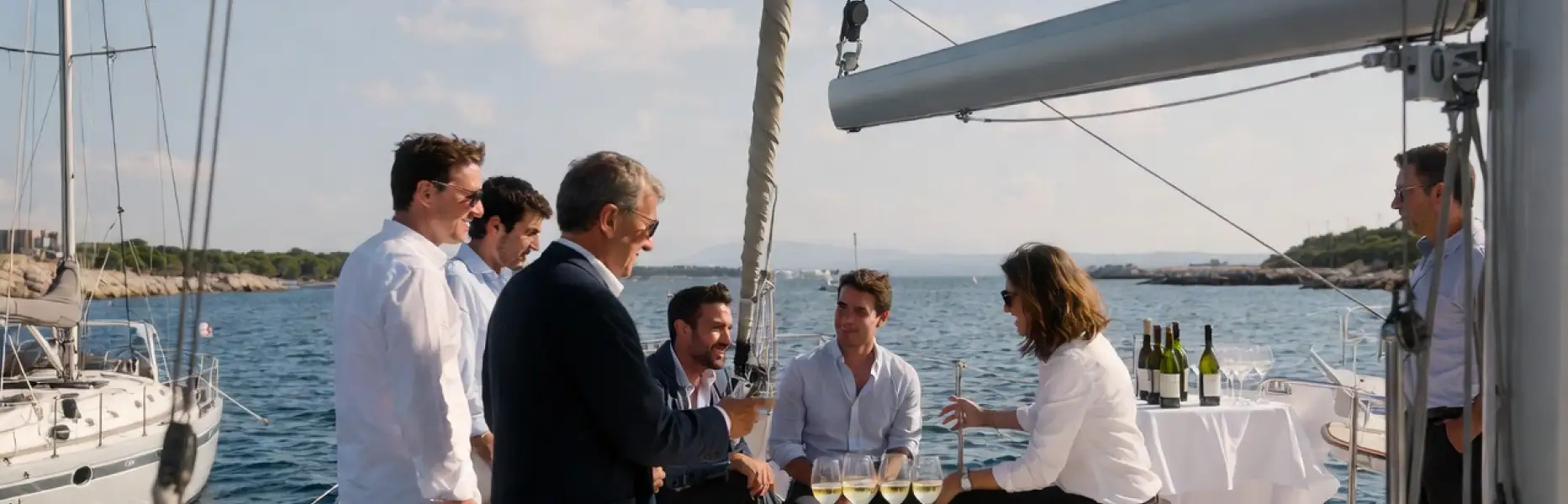 Groupe d’amis profitant d’une croisière de luxe en voilier avec des verres de vin sur la mer