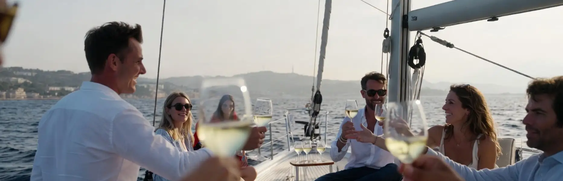 Grup d'amics brindant amb copes de vi blanc en un veler de xàrter al capvespre