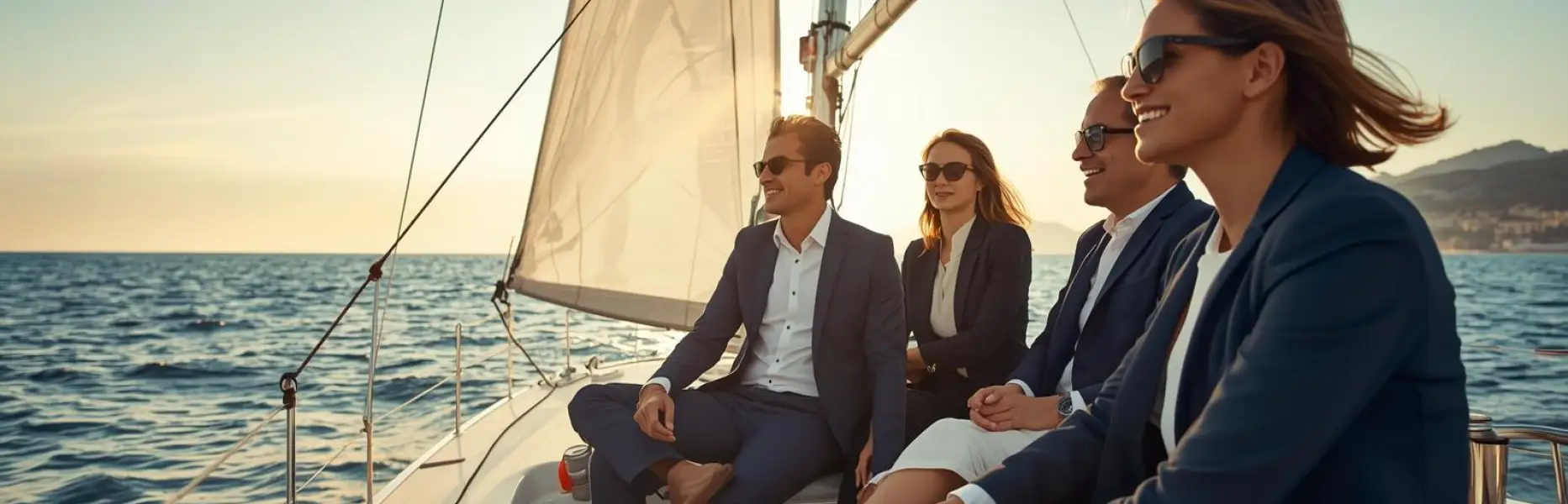 Gruppe von Führungskräften, die bei Sonnenuntergang während eines Firmencharters auf einer Luxusyacht segelt