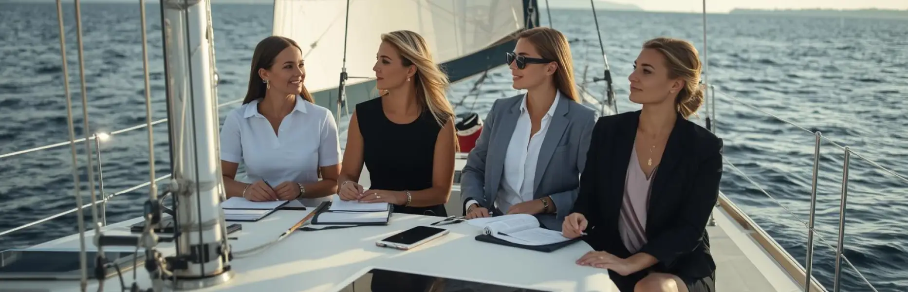 Group of female executives gathered on the deck of a charter sailing boat cruising in open water