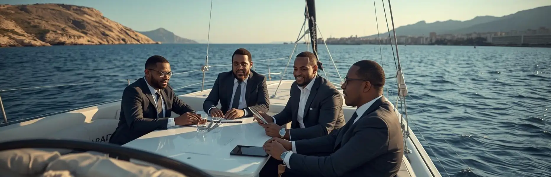 Vier Geschäftsleute, die sich am Tisch einer Luxusyacht treffen, die auf offener See fährt