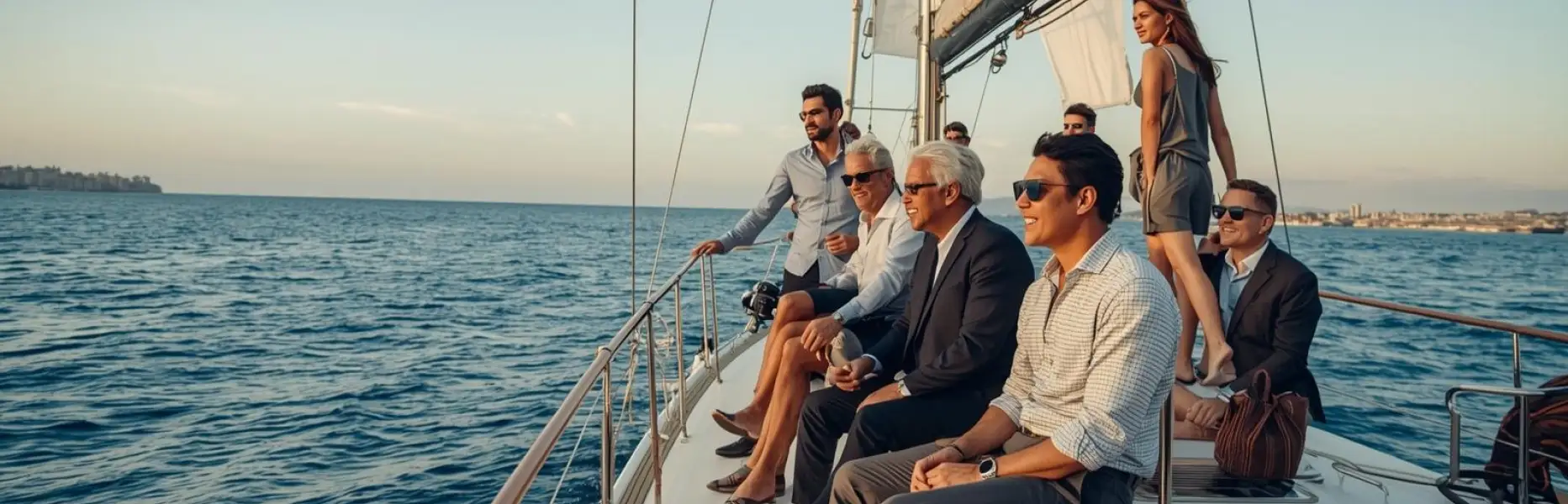 Groupe de personnes profitant d’une croisière en voilier de luxe au coucher du soleil, naviguant sur la mer