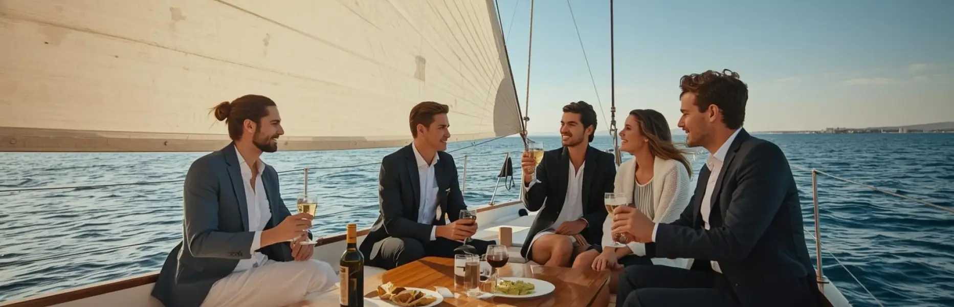 Group of well-dressed young people toasting with glasses on the deck of a luxury sailing boat during a sunset charter