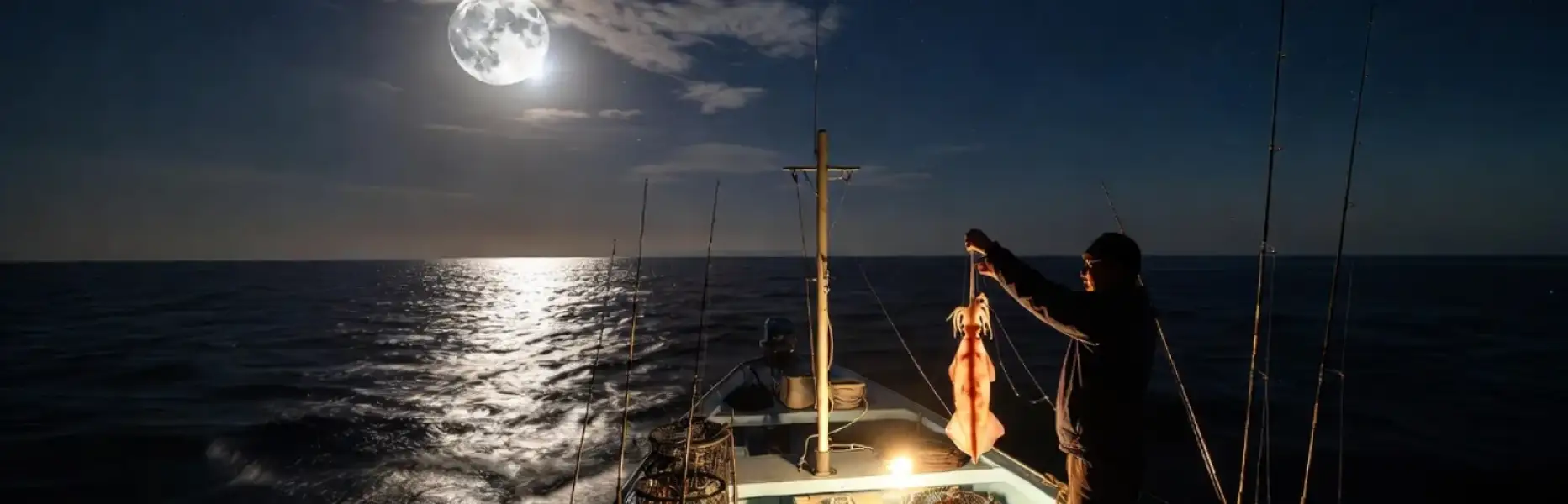 Pescatore in barca che tiene il suo pescato sotto la luce della luna piena in mare