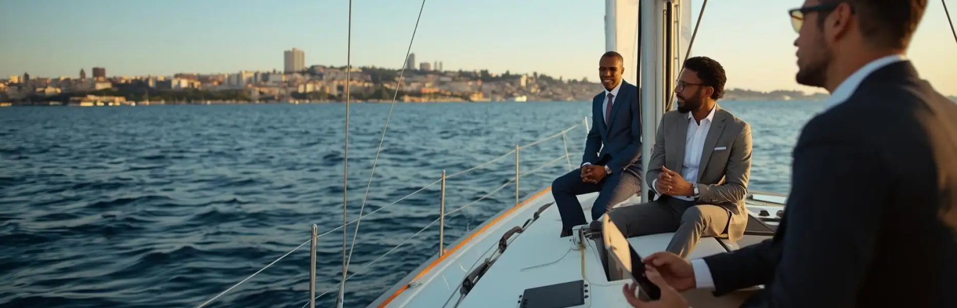 Cadres réunis sur un yacht de luxe lors d’une croisière au coucher du soleil face à la ville