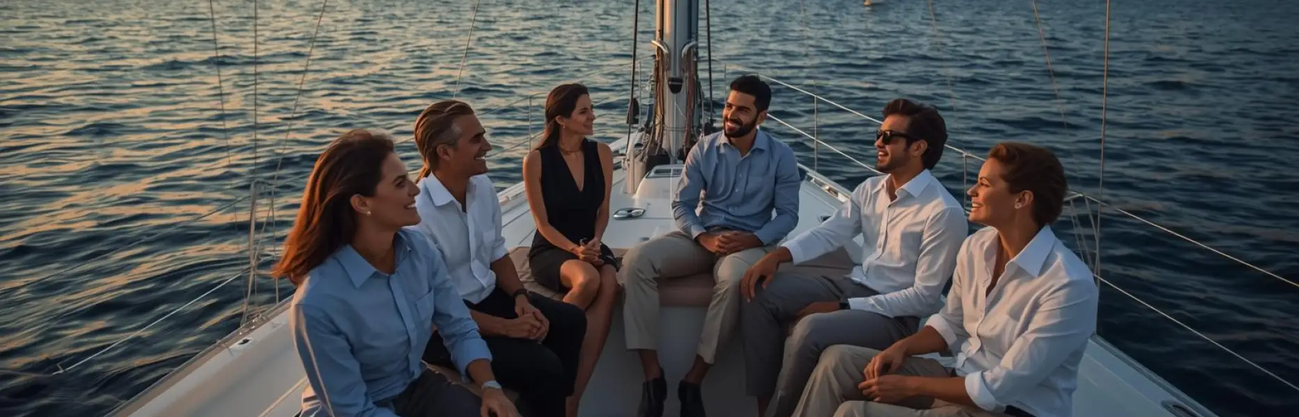 Gruppo di professionisti che chiacchierano rilassati su uno yacht di lusso al tramonto davanti alla costa