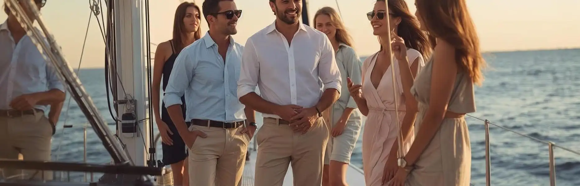 Gruppo di amici che si gode una gita in barca a vela di lusso al tramonto sul mare