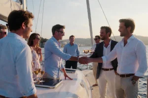 Groupe d'amis élégants trinquant et se serrant la main sur le pont d'un yacht au coucher du soleil