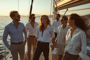 Group of stylish friends enjoying a sailing yacht charter at sunset at sea