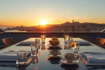 Cena al atardecer en yate de charter de lujo